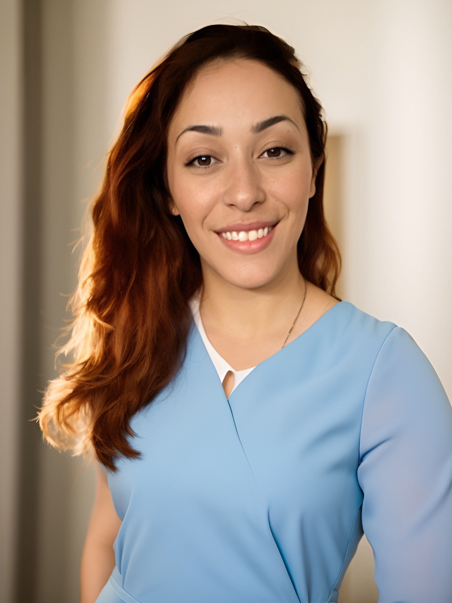 Yasmin Linares in a blue shirt smiling